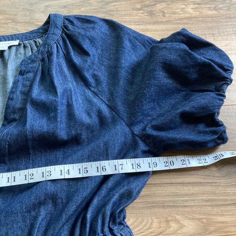 Free Assembly Denim Midi Dress M Blue VNeck Puff Sleeve Tie Belt Cottage Peasant - Picture 10 of 12